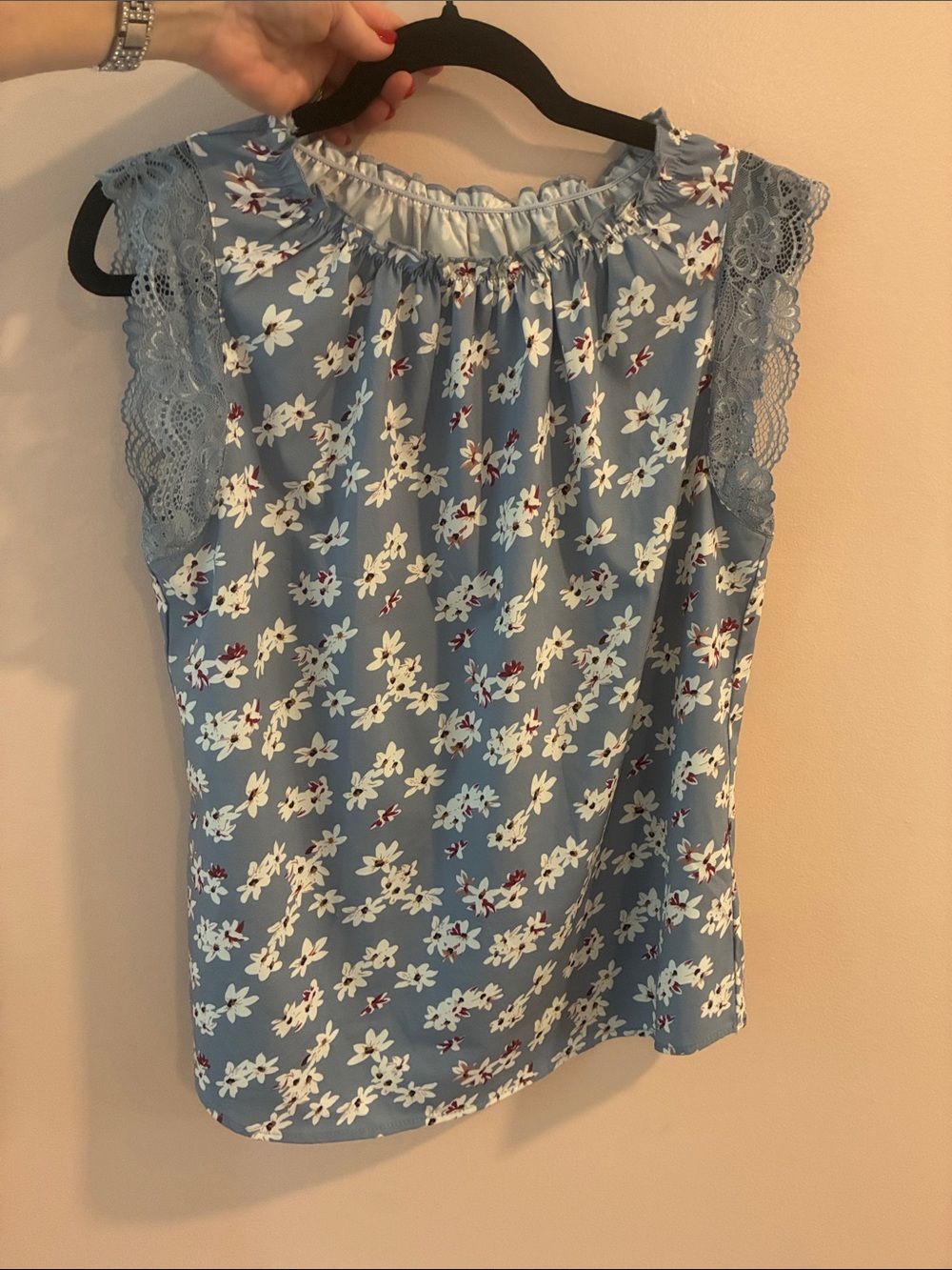 Grace Karin Light Blue Floral Lace Cap-Sleeve Blouse